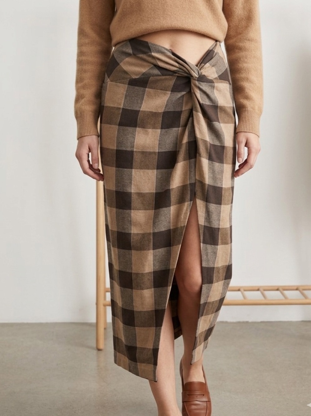 Zara Brown Plaid Twist Front Midi Skirt Classic Euro Chic Quiet Luxury Academia